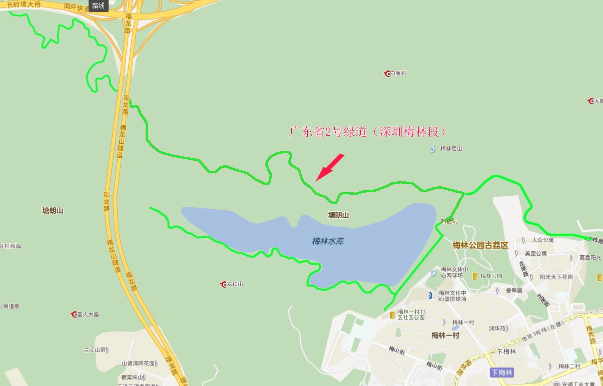 八,推荐路线:梅林水库坝-->2号绿道入口-->没有分叉口直走-->涂鸦墙